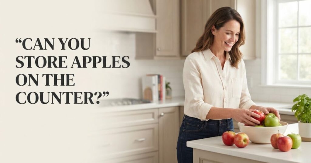 Woman storing fresh apples in a fruit bowl on a kitchen counter