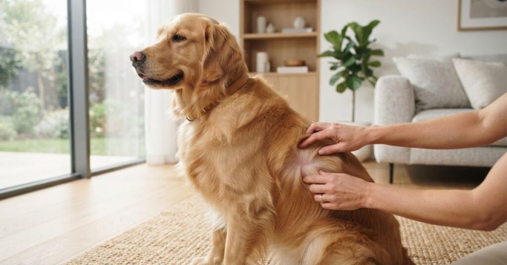 Checking a dog's skin and coat during grooming