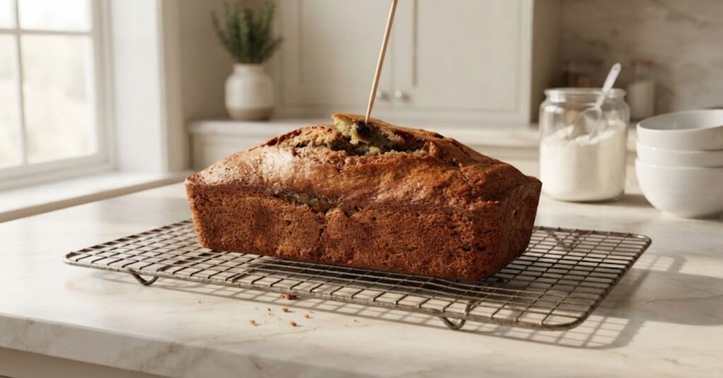 Checking banana bread for doneness with a toothpick