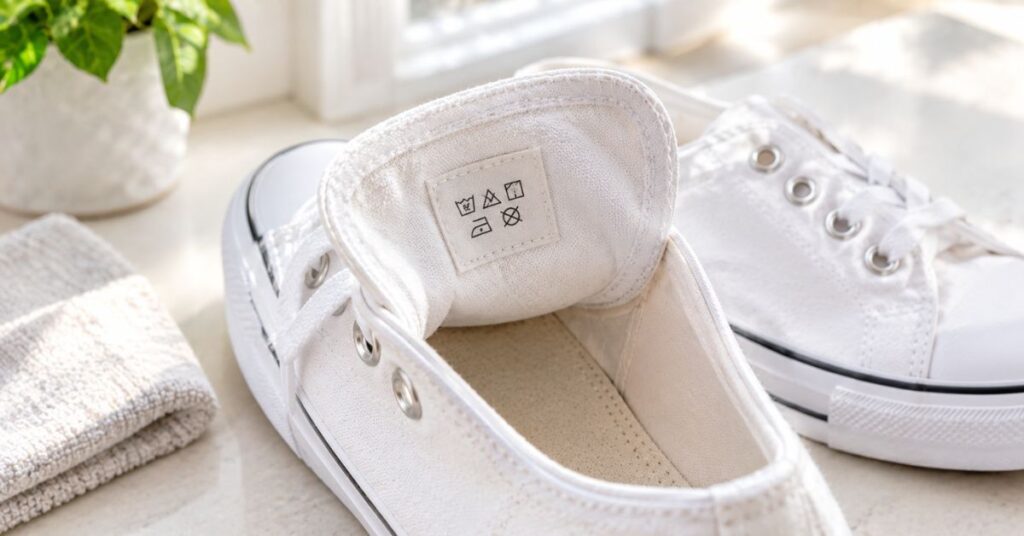 Checking the care label before cleaning canvas shoes