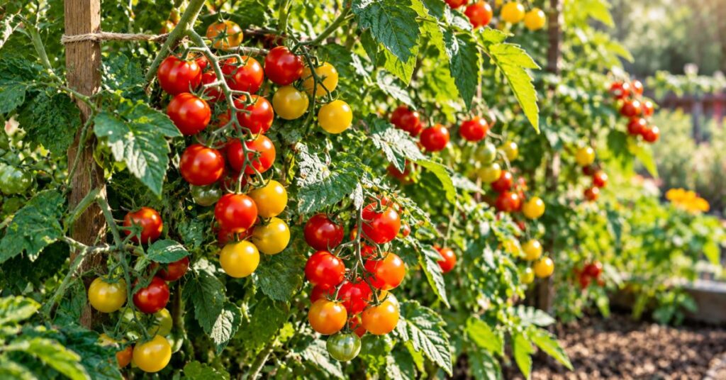 Ripe cherry tomatoes growing on healthy garden vines