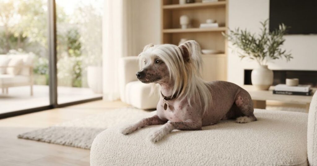 Hairless Chinese Crested dog with minimal loose fur