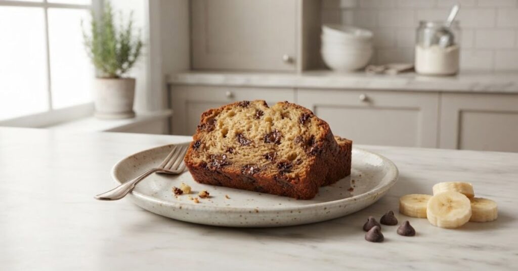 Chocolate chip banana bread with a moist interior