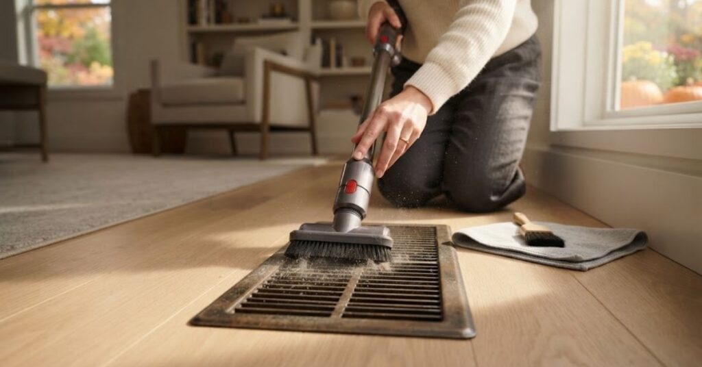 Cleaning dust from air vents and heating registers in fall