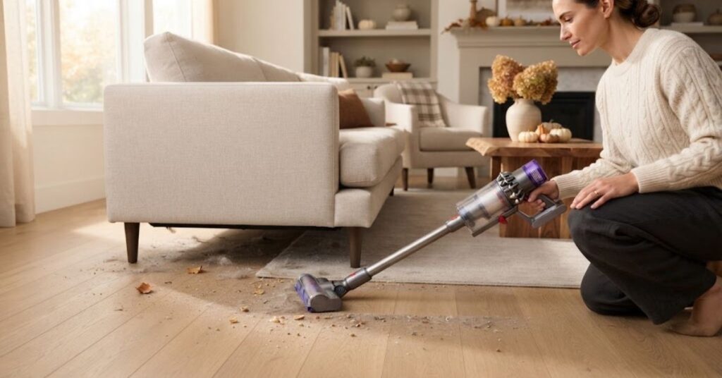 Cleaning dust and debris from underneath furniture