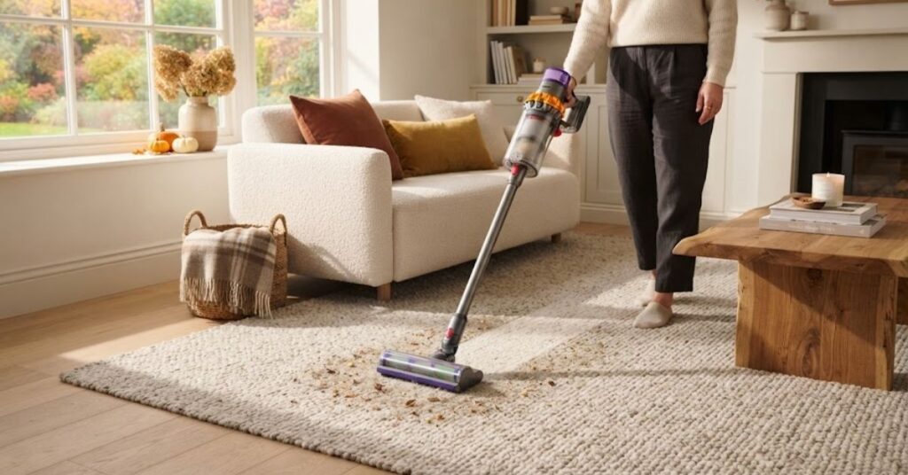 Vacuuming carpets and rugs during fall home cleaning