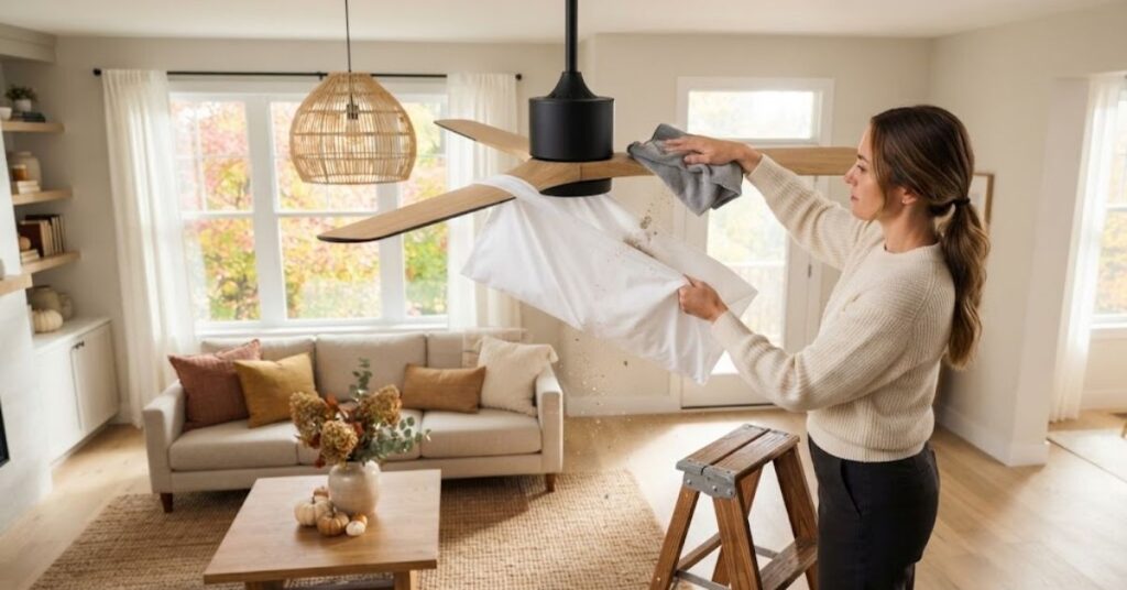 Cleaning a ceiling fan and light fixtures during fall cleaning