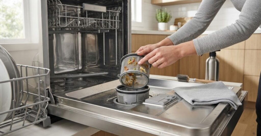 Cleaning a dishwasher filter and interior during fall cleaning