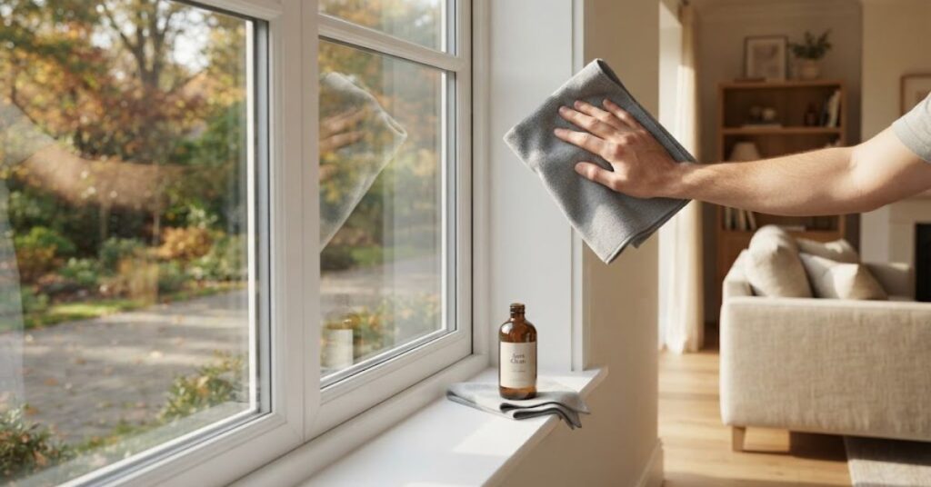 Cleaning windows and window sills during September home cleaning