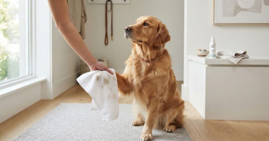 Cleaning a dog's paws after an outdoor walk