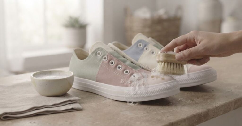 Gently cleaning colored canvas shoes with mild detergent