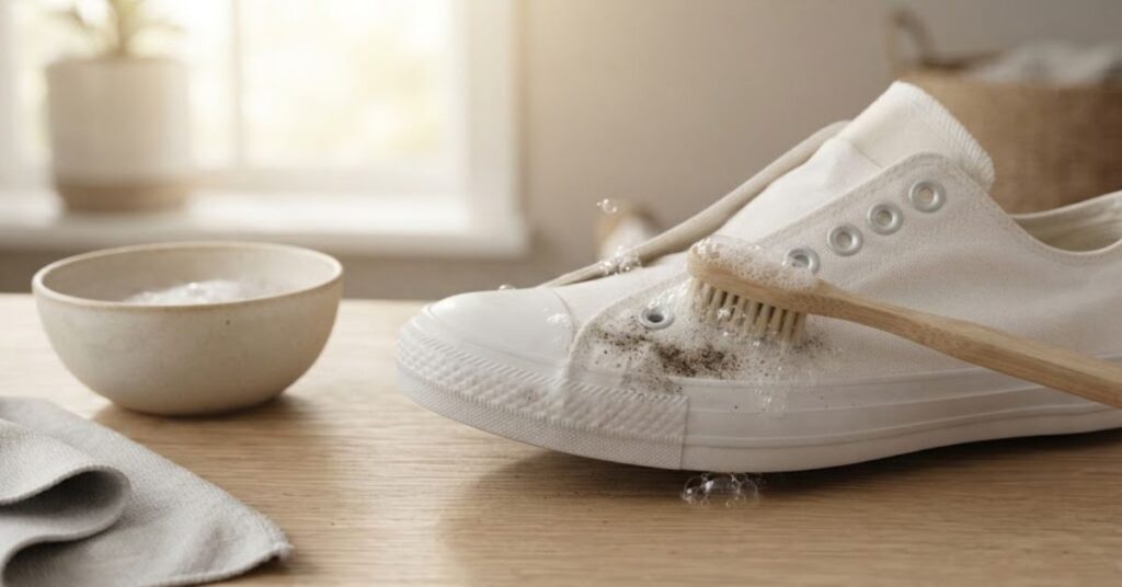 Gently scrubbing a white canvas shoe with soapy water
