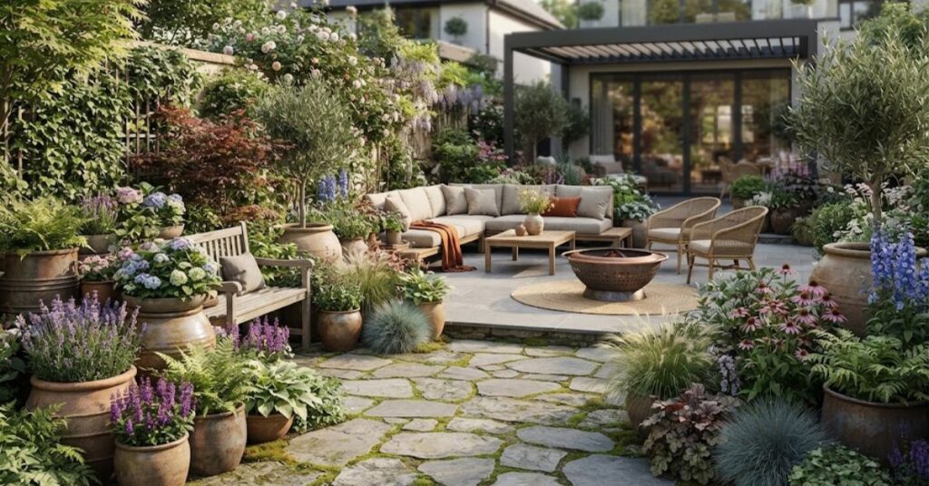 Backyard decorated with beautiful large container plants
