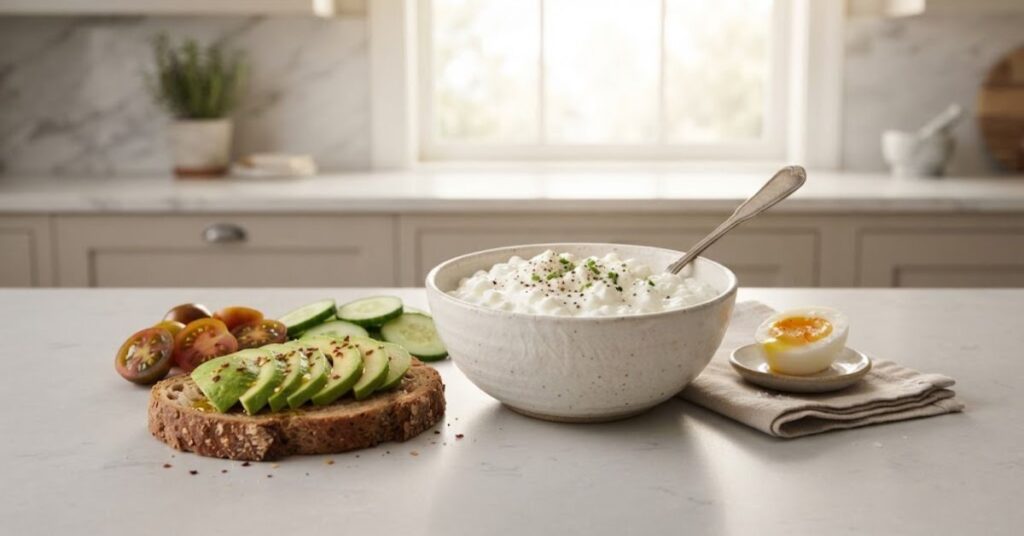 Savory cottage cheese breakfast with avocado, tomatoes and whole-grain toast