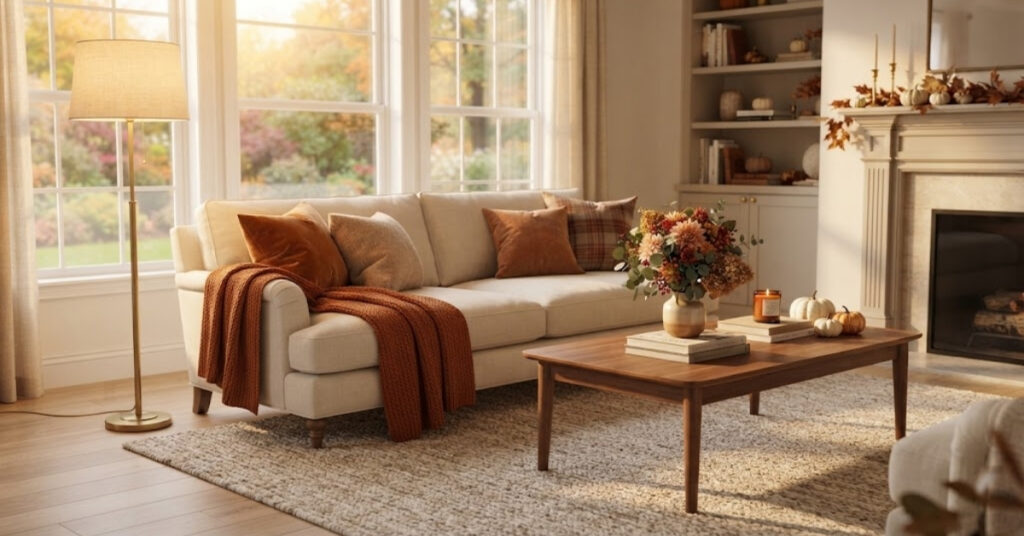 Clean and cozy living room after a complete fall home reset