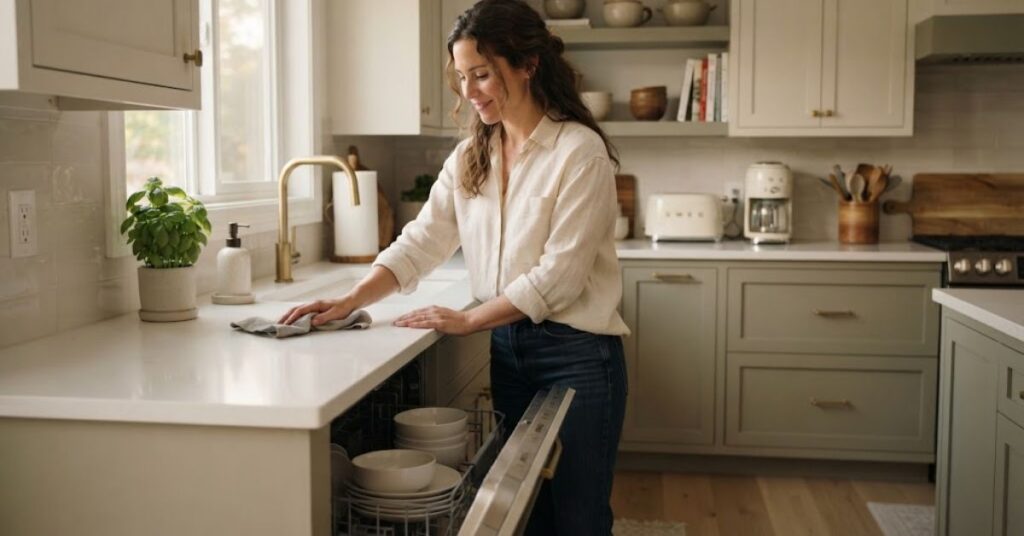 Woman tidying and resetting a clean kitchen in the evening