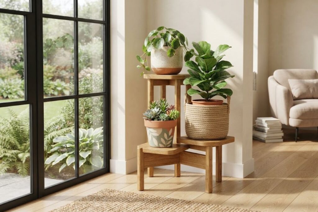DIY plant display with handmade planters for home decor