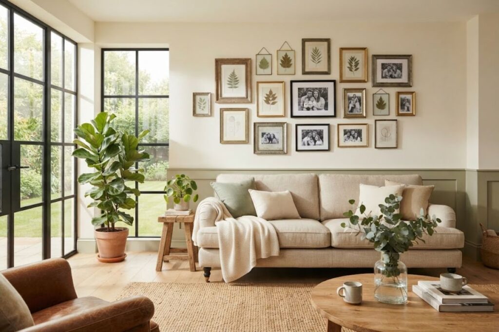 DIY gallery wall with affordable picture frames in a cozy living room