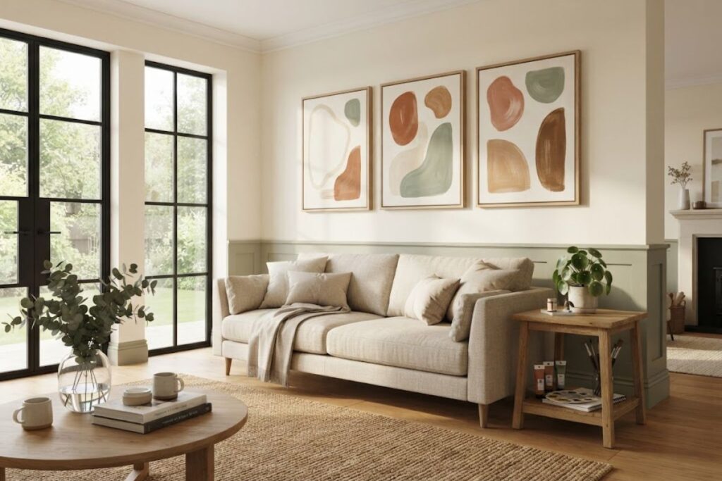 Handmade DIY abstract wall art in a modern living room