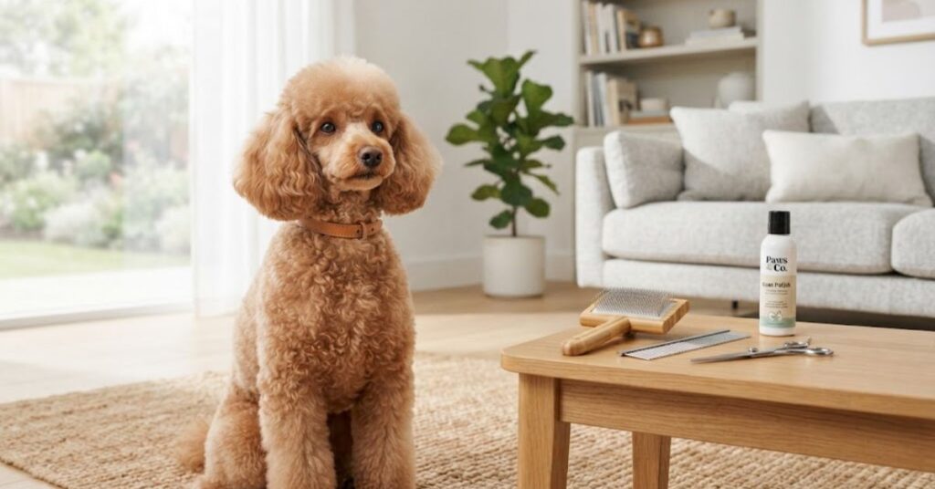 Curly-coated poodle with home grooming supplies