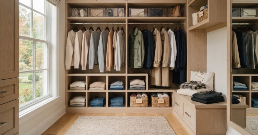Decluttering and organizing a closet for the fall season