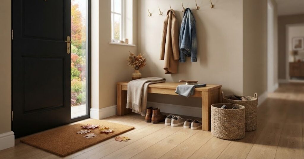 Fall entryway cleaning with shoes, doormat, and cleaning supplies