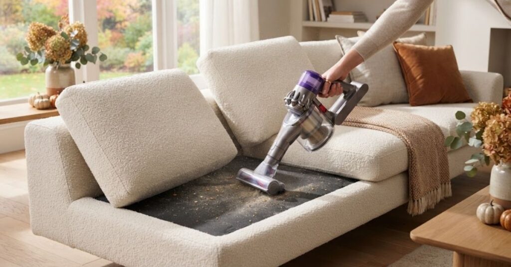 Deep cleaning a sofa and removing dust from upholstery