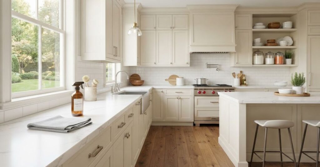 Deep cleaning kitchen cabinets during September cleaning