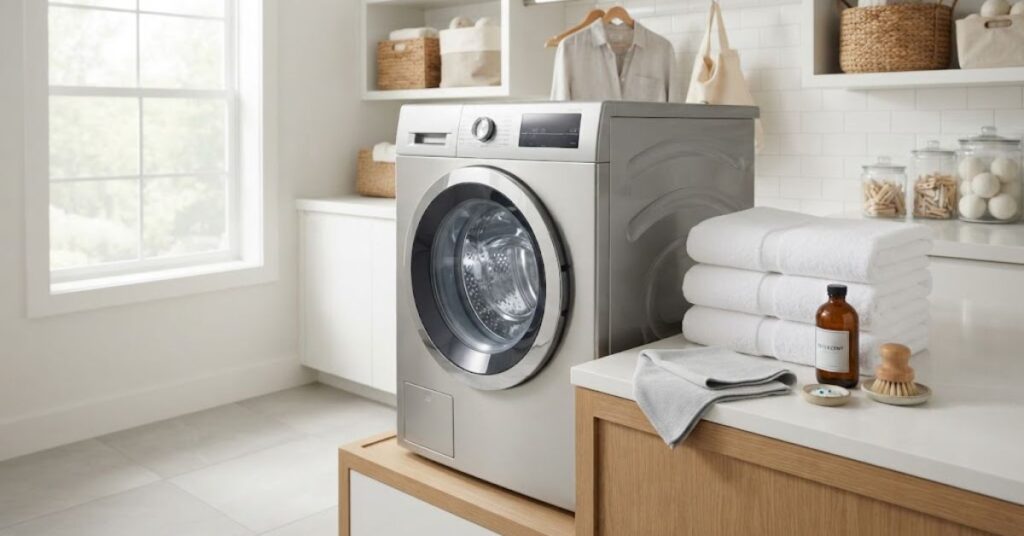 Deep cleaning a washing machine as part of a September cleaning checklist