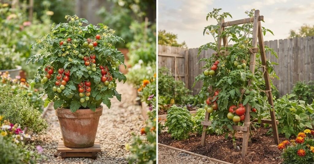 Compact and tall tomato plants showing different growth habits