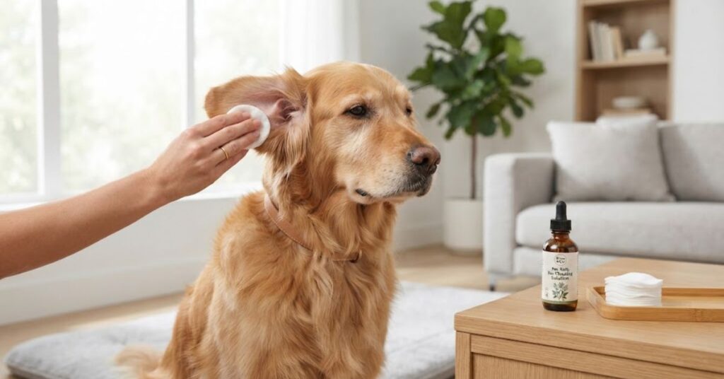 Gentle ear cleaning for a dog at home