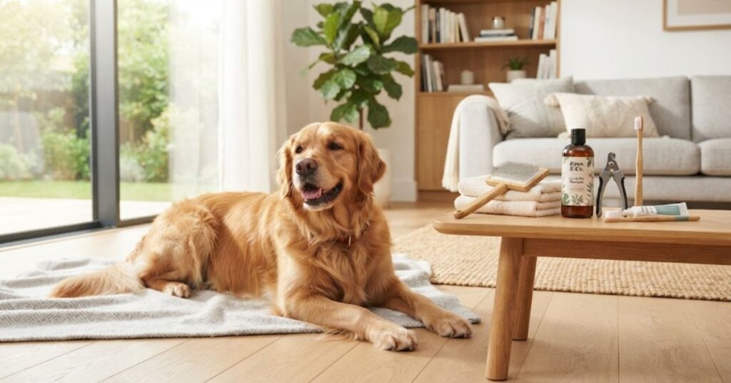 Home dog grooming routine with essential pet care supplies