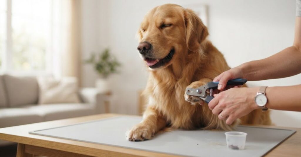 Dog having its nails safely trimmed at home