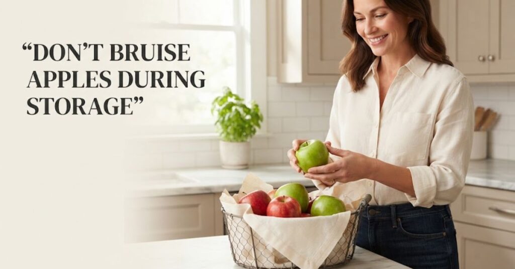 Woman gently storing fresh apples to prevent bruising during storage