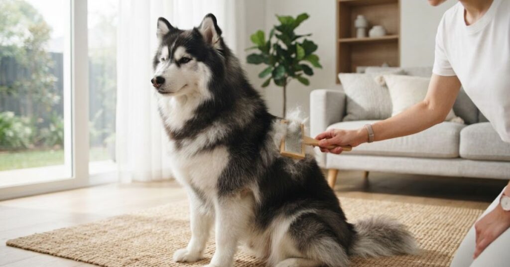 Siberian husky being brushed to remove loose fur
