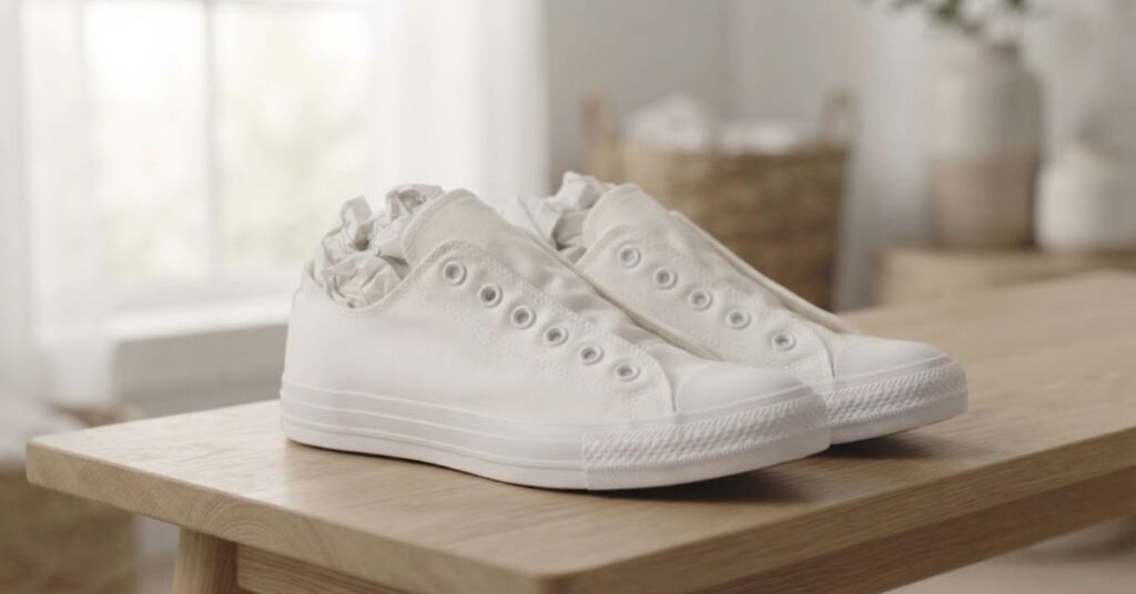 White canvas shoes air-drying naturally after cleaning