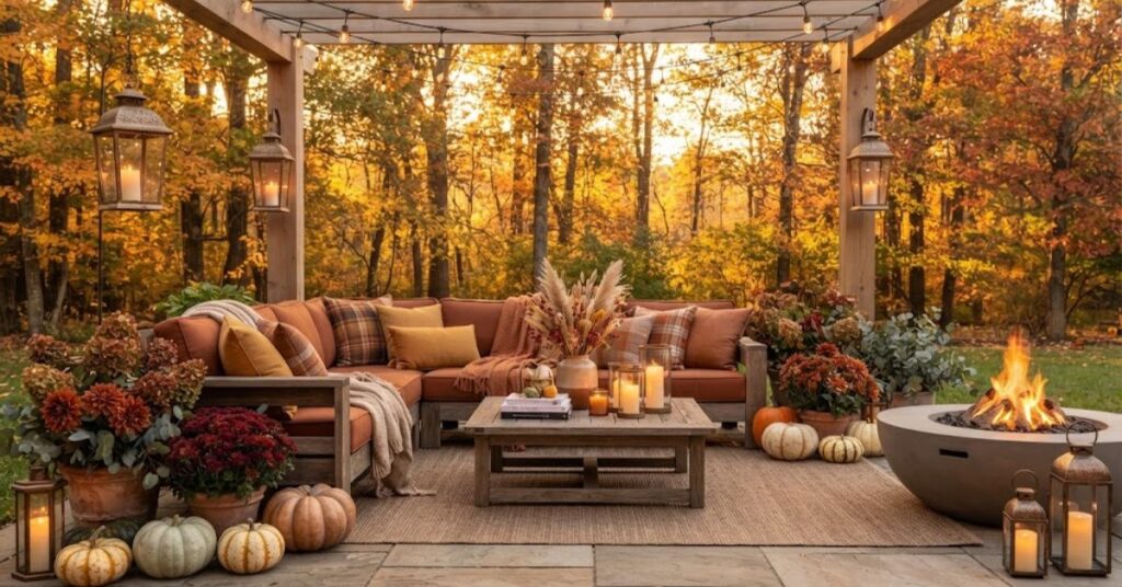 Cozy backyard decorated with pumpkins and autumn accents