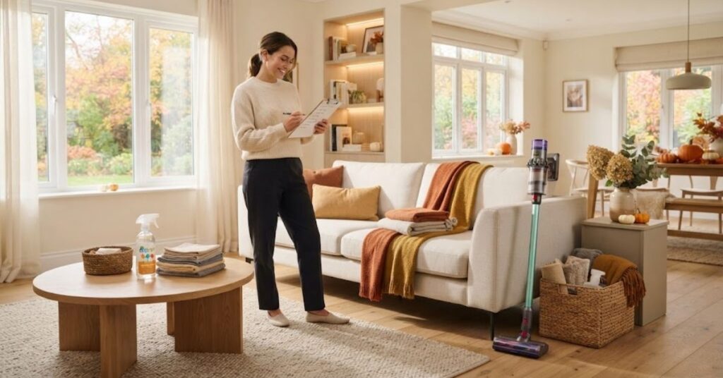 Fall cleaning checklist with home cleaning supplies and autumn decor