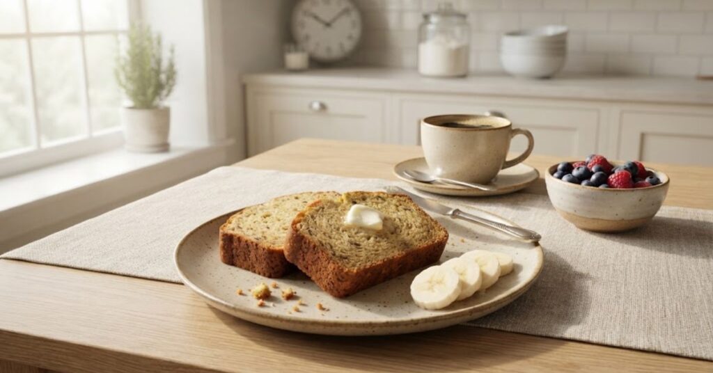 Homemade banana bread breakfast with fruit and coffee
