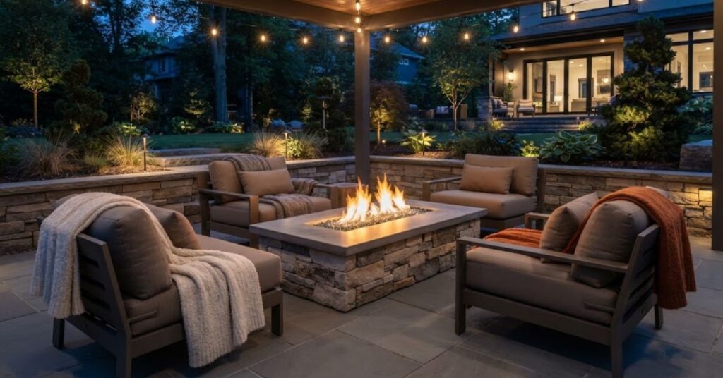 Cozy backyard fire pit surrounded by comfortable seating