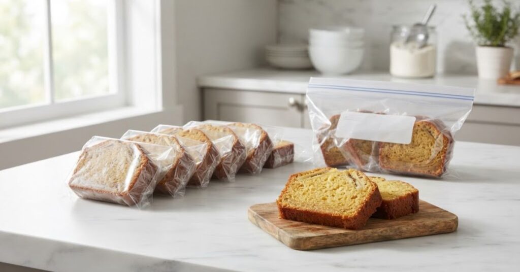 Banana bread slices prepared for freezing