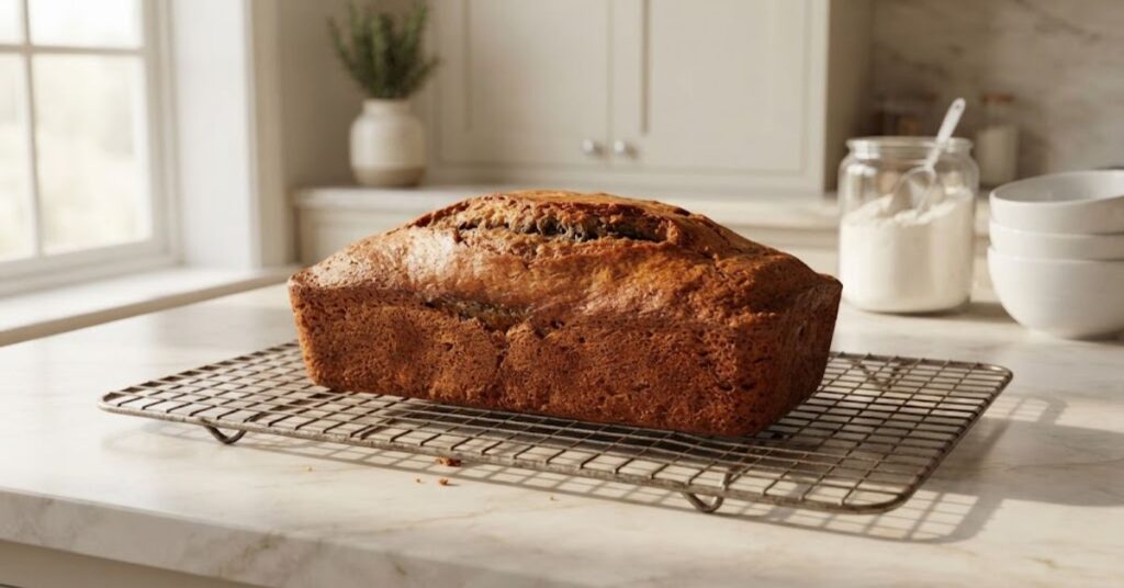 Freshly baked golden banana bread cooling on a rack