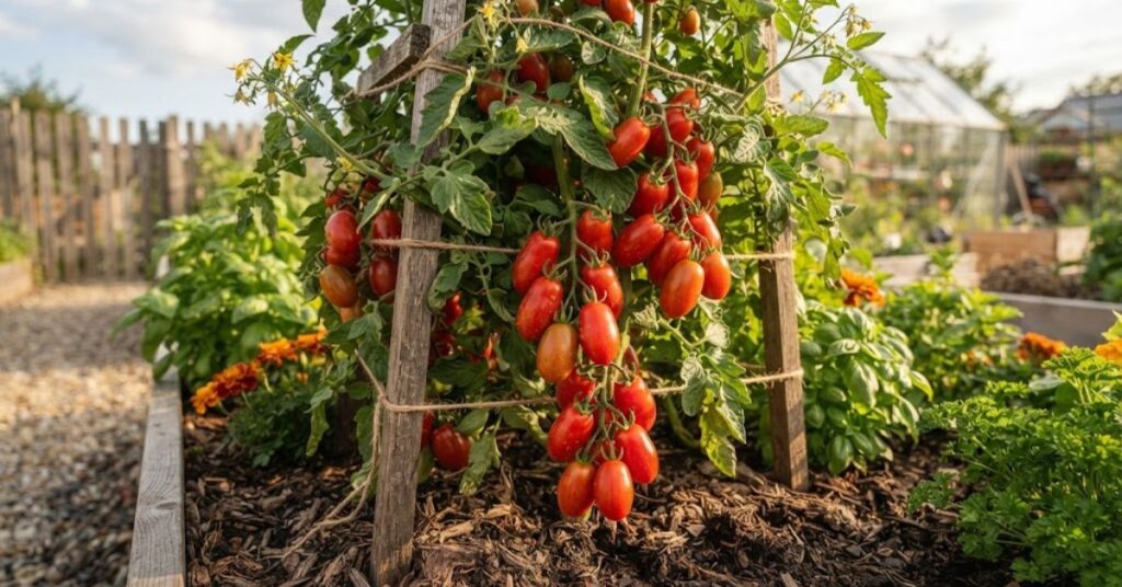Ripe grape tomatoes growing on garden vines