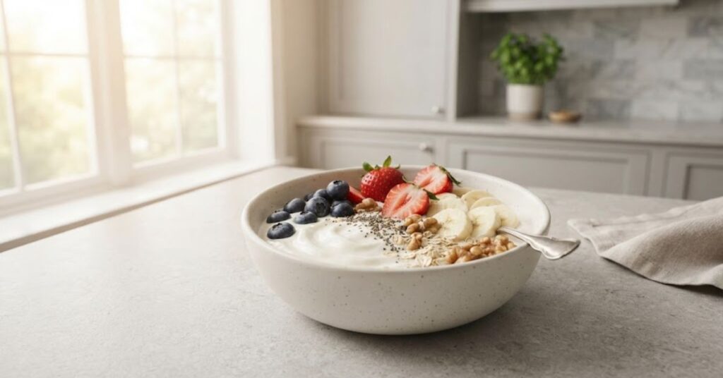 Greek yogurt breakfast bowl with berries, banana, chia seeds and walnuts