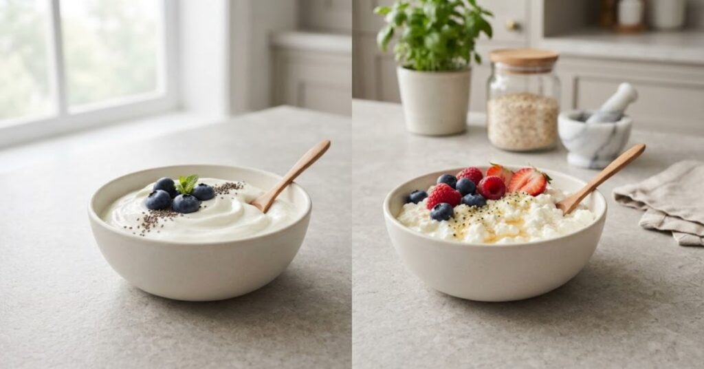 Greek yogurt and cottage cheese side by side comparison with fresh berries