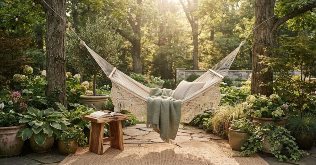 Relaxing backyard hammock surrounded by lush greenery