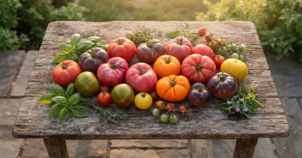 Colorful heirloom tomatoes in different shapes and colors
