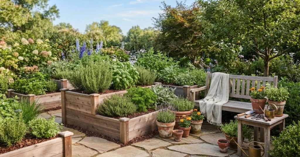 Backyard herb garden with fresh herbs in raised planters