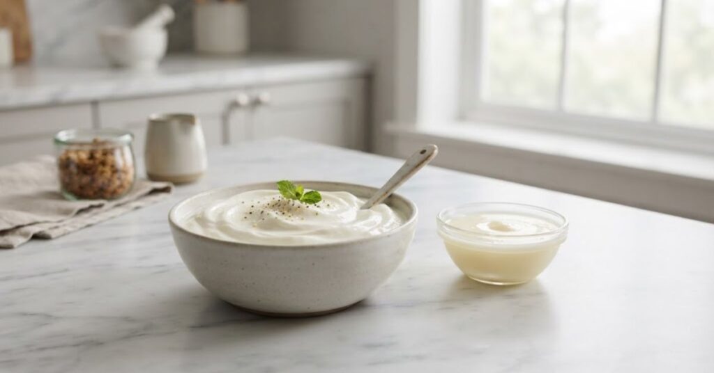 Thick Greek yogurt with whey showing its strained texture