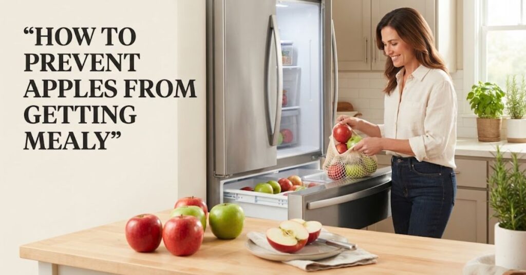 Woman storing fresh apples in a refrigerator to prevent them from getting soft and mealy